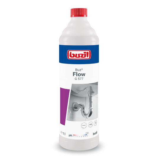Een fles van 1 liter Buzil Buz® Flow G 577 vloeibare afvoerreiniger, geproduceerd door BUZIL-WERK Wagner GmbH & Co. KG. Op het etiket staan een afbeelding van sanitair en het productlogo. De overwegend witte fles is geaccentueerd met rode, blauwe en paarse details en voorzien van een rode dop, die dient om verstoppingen in afvoeren effectief te verhelpen.