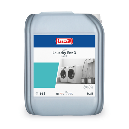 Een 10-liter container met Buzil Buz® Laundry Enz 3 L 820, geproduceerd door BUZIL-WERK Wagner GmbH & Co. KG, is voorzien van het logo en de productdetails. Het etiket is gericht op professionele gebruikers en toont afbeeldingen van wasmachines en informatie over de vloeistofhoeveelheid en pH-waarde. Deze container met enzymhoudend vloeibaar wasmiddelconcentraat heeft een draaggreep en een dop bovenop.