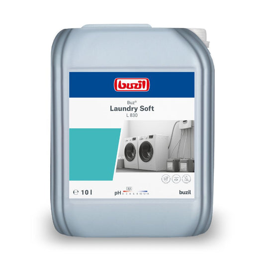 Ein 10-Liter-Kanister in Grau mit Buzil Buz® Laundry Soft L 830 von BUZIL-WERK Wagner GmbH & Co. KG, ideal für professionelle Wäschereien. Auf dem Etikett sind Waschmaschinen und wichtige Produktdetails wie pH-Wert und Messsymbole abgebildet, um eine optimale Textilpflege zu gewährleisten.