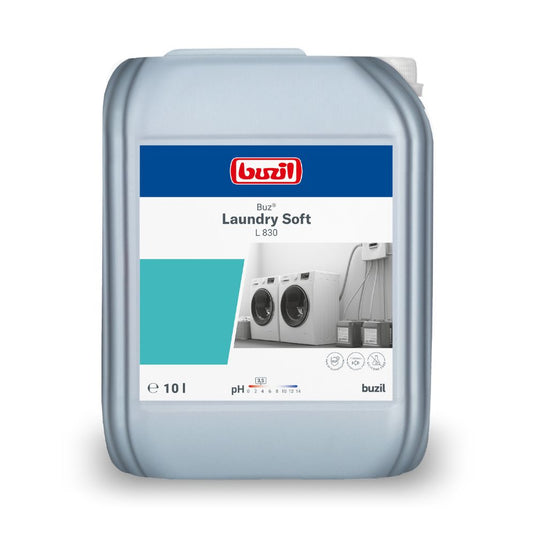 Een grijze 10-liter jerrycan met Buzil Buz® Laundry Soft L 830 van BUZIL-WERK Wagner GmbH & Co. KG, ideaal voor professionele wasserijen. Op het etiket staan wasmachines en belangrijke productdetails zoals pH-waarde en meetsymbolen afgebeeld om optimale textielverzorging te garanderen.