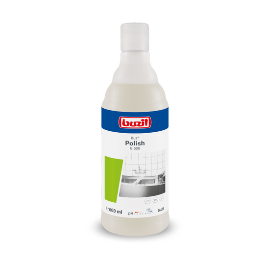 Een 600 ml fles Buzil Buz® Polish G 508 gebruiksklare schuurmelk, rechtopstaand. Het etiket toont een blauw-wit ontwerp met groene accenten en de afbeelding van een betegeld oppervlak, wat de effectiviteit bij het reinigen van oppervlakken benadrukt. Het merklogo van BUZIL-WERK Wagner GmbH & Co. KG is bovenaan prominent aangebracht.