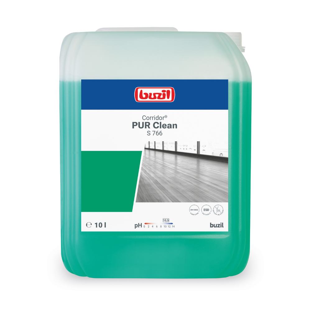 Bild eines 10-Liter-Behälters Buzil Corridor® PUR Clean S 766 Ultranetzender Bodenreiniger mit Geruchsblocker von BUZIL-WERK Wagner GmbH & Co. KG. Der mit grüner Flüssigkeit gefüllte Behälter zeigt das Produktetikett mit Maß- und pH-Angaben sowie ein Bild eines makellosen Holzbodens. Ideal, um Böden mit seiner Geruchsblocker-Formel frisch riechen zu lassen.