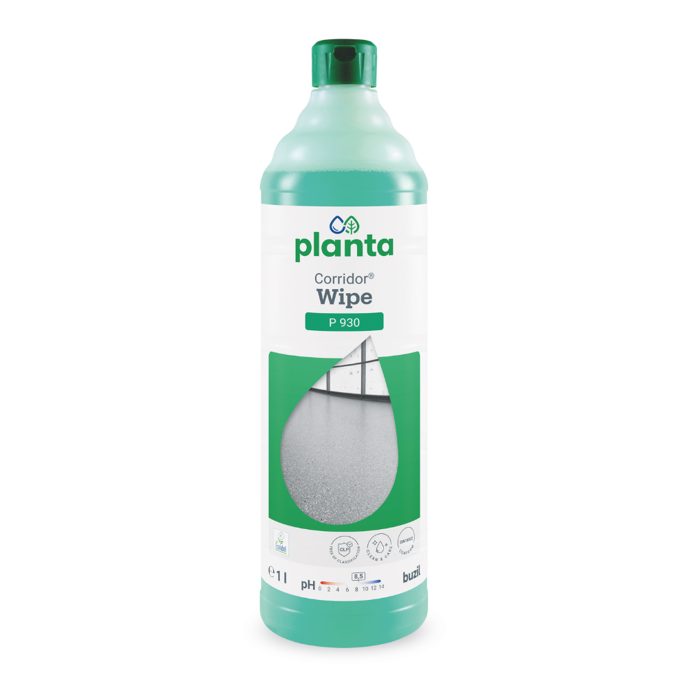 Een groene fles met het opschrift 'Buzil Corridor® Wipe P 930' toont een afbeelding van een schone vloer en geeft aan dat het productvolume 1 liter bedraagt. Deze polymeer-gebaseerde formule van BUZIL-WERK Wagner GmbH & Co. KG zorgt voor ecologische reinigingsonderhoud en blokkeert tegelijkertijd effectief geuren in uw ruimtes.
