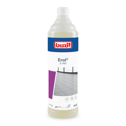 De 1-liter fles Buzil Erol® G 490 Alkalische Intensiefreiniger voor porcellanato tegels van BUZIL-WERK Wagner GmbH & Co. KG is voorzien van een rood logo en een tegelvloermotief. De witte fles met blauw-wit etiket zorgt voor een poriëndiepe reiniging van verschillende vloerbedekkingen, waaronder ook porcellanato tegels.