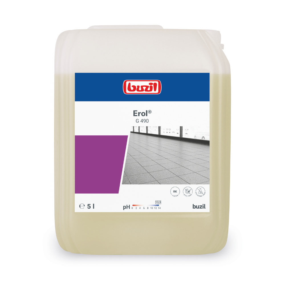 Een 5-liter container met Buzil Erol® G 490 Alkalische Intensiefreiniger voor porcellanato tegels van BUZIL-WERK Wagner GmbH & Co. KG, die ontworpen is voor de dieptereiniging van porcellanato tegels. Het etiket bevat de productnaam, het merkelogo en een afbeelding van een tegelvloer. De lichte, rechthoekige container heeft bovenaan een handvat voor eenvoudige hantering.