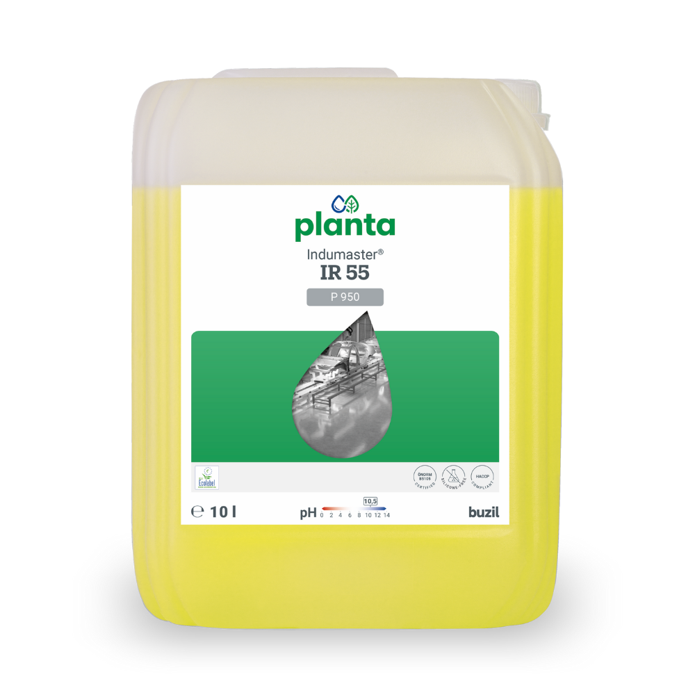 Een 10-liter container met Buzil Indumaster® IR 55 P 950, een ecologische, universele industriële reiniger. De transparante kan met een gele vloeistof heeft een wit etiket met groene accenten, waarop afbeeldingen van waterdruppels en industriële pijpen staan, en waarop duidelijk de merknaam 'BUZIL-WERK Wagner GmbH & Co. KG' te zien is.