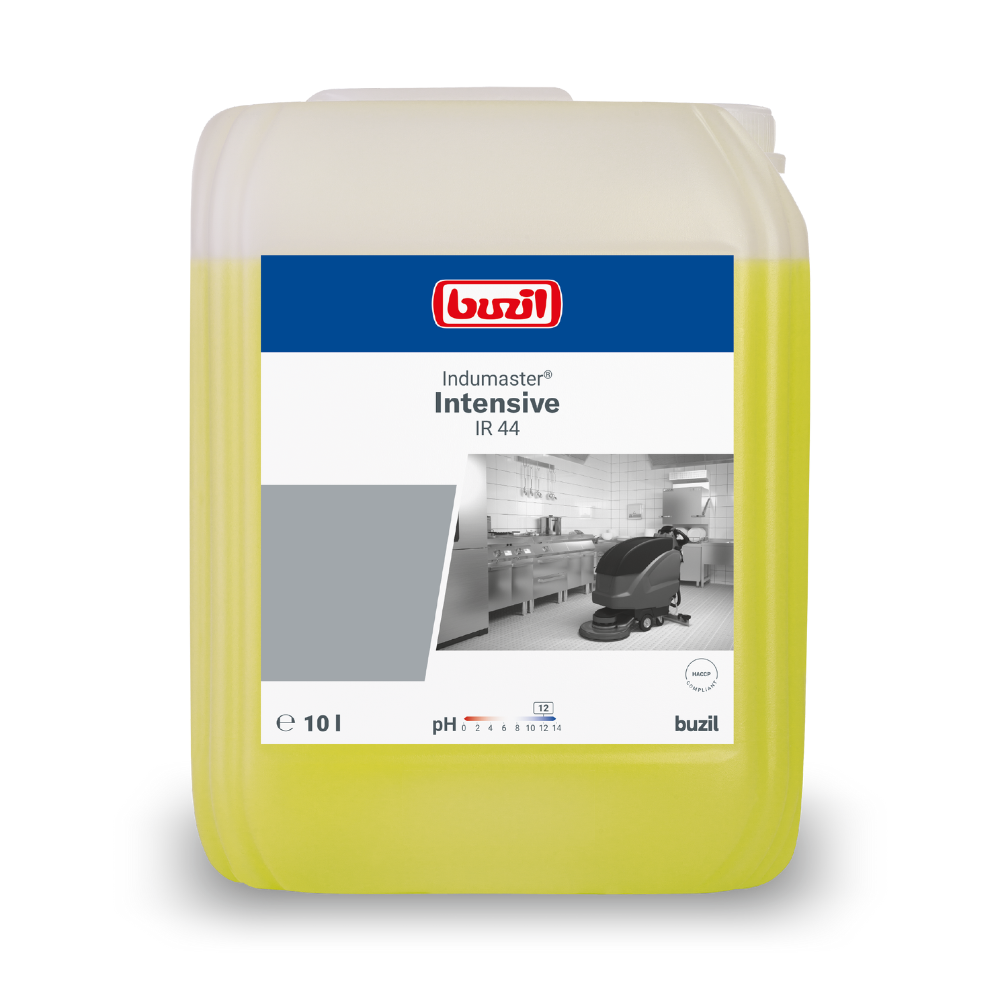 Een wit-blauw 10-liter-kannetje van BUZIL-WERK Wagner GmbH & Co. KG met het opschrift „Buzil Indumaster® Intensive IR 44 Fosfaatvrije Keuken-Industriereiniger“ toont het beeld van een reinigingsmachine in een industriële omgeving en informatie over de pH-waarde. Het is perfect voor professionele keukens.