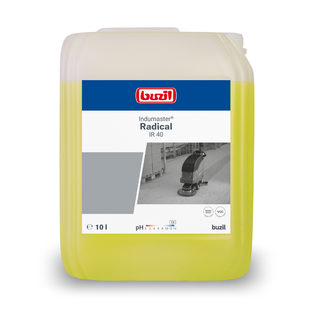 Een 10-liter jerrycan Buzil Indumaster® Radical IR 40 Alkalische Industriereiniger van BUZIL-WERK Wagner GmbH & Co. KG is geschikt voor veeleisende oppervlakken zoals cement- en betonvloeren. Hij wordt geleverd met een blauw-wit etiket waarop de pH-waarde en het volume zijn aangegeven. Hij bevat een gele vloeistof die ideaal is voor het reinigen van keramische tegels.
