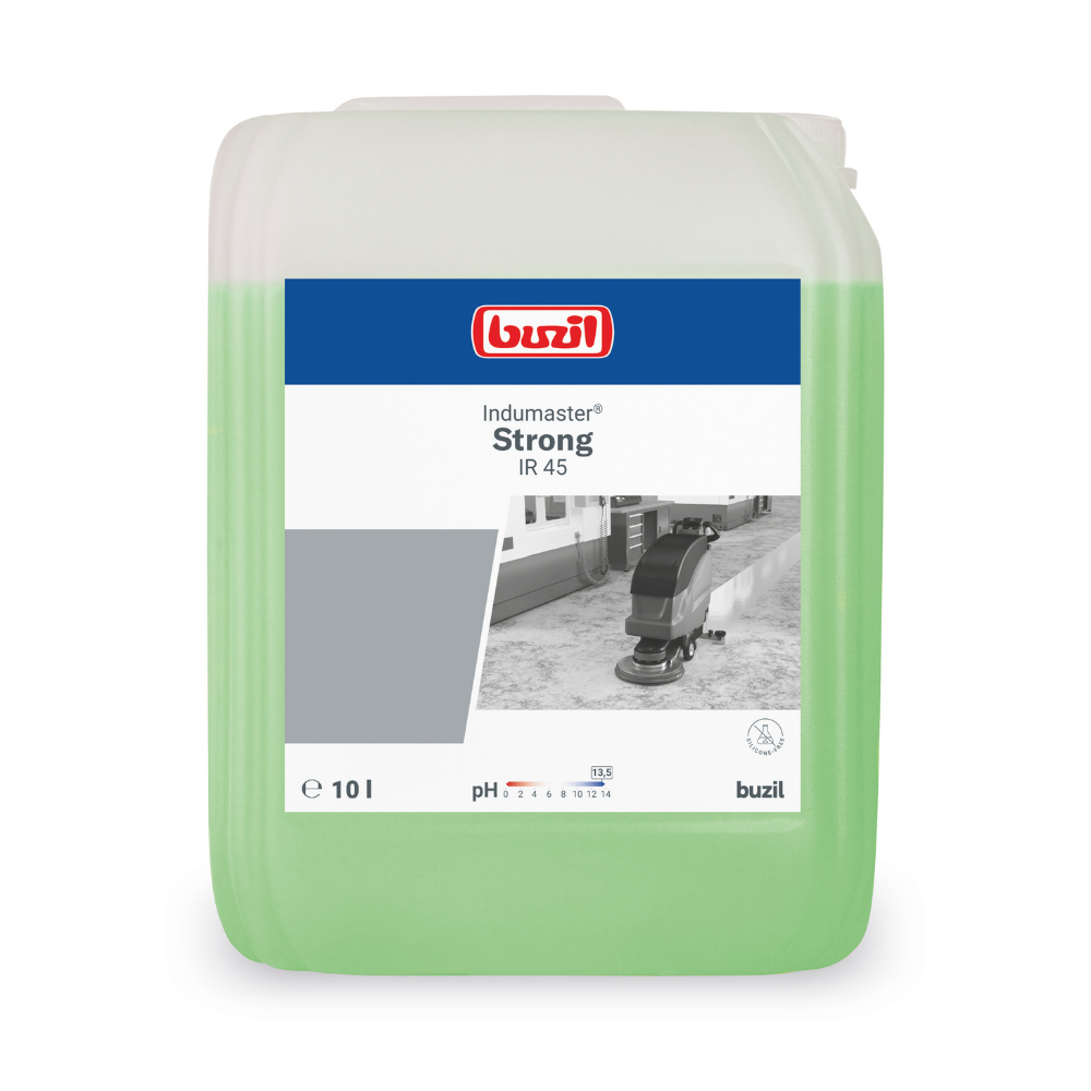 Een 10-liter container met Buzil Indumaster® Strong IR 45 Hoogalkalische Hoogwaardige Industriereiniger, ontworpen voor gebruik op alkalibestendige vloeren. Het etiket toont een reinigingsmachine op een gepolijst oppervlak, binnenin glanst de lichtgroene vloeistof. De draaggreep van de container is comfortabel rechtsboven geplaatst. Dit product is afkomstig van BUZIL-WERK Wagner GmbH & Co. KG.