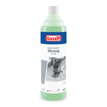 Een 1-liter fles Buzil Indumaster® Strong IR 45, een hoogalkalische industriële vloerreiniger, ideaal voor alkalibestendige vloeren. Het etiket toont een blauw-rood ontwerp en een grijstintenafbeelding van een vloerreinigingsmachine, terwijl de lichtgroene vloeistof binnenin zorgt voor een grondige brandschadensanering.