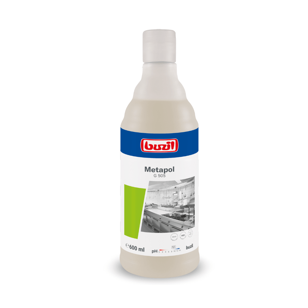 Een 600-ml-fles Buzil Metapol G 505 Gebruiksklare Metaalpoets van BUZIL-WERK Wagner GmbH & Co. KG met een blauw-wit etiket, versierd met een keukenafbeelding en symbolen voor gebruik en pH-waarde. Deze effectieve metaalpoets verfijnt oppervlakken met zijn briljante pareleffect.