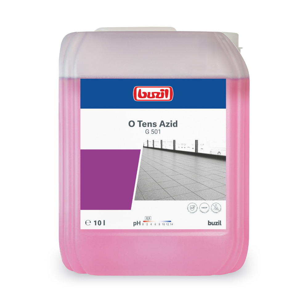 Tegen kalkaanslag helpt een 10-liter verpakking met Buzil O Tens Azid G 501, een roze tensidevrije reiniger van BUZIL-WERK Wagner GmbH & Co. KG. Op het etiket zijn het merkelogo, de productnaam, pH-waarde 1 en de afbeelding van een tegelvloer te zien – ideaal voor het onderhoud van onberispelijke porcellanato tegels.