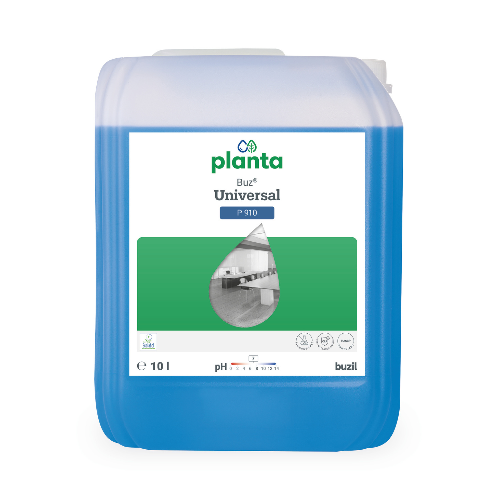 Een 10-liter container met blauwe vloeistof, gebrandmerkt als "Buzil Planta Buz® Universal P 910 Ecologische Universele Reiniger", geeft een schoon keukenbeeld weer en benadrukt zijn pH-neutrale formule met 7. De merknaam BUZIL-WERK Wagner GmbH & Co. KG is onderaan afgebeeld. Deze allesreiniger is gecertificeerd met het EU-milieukeurmerk.