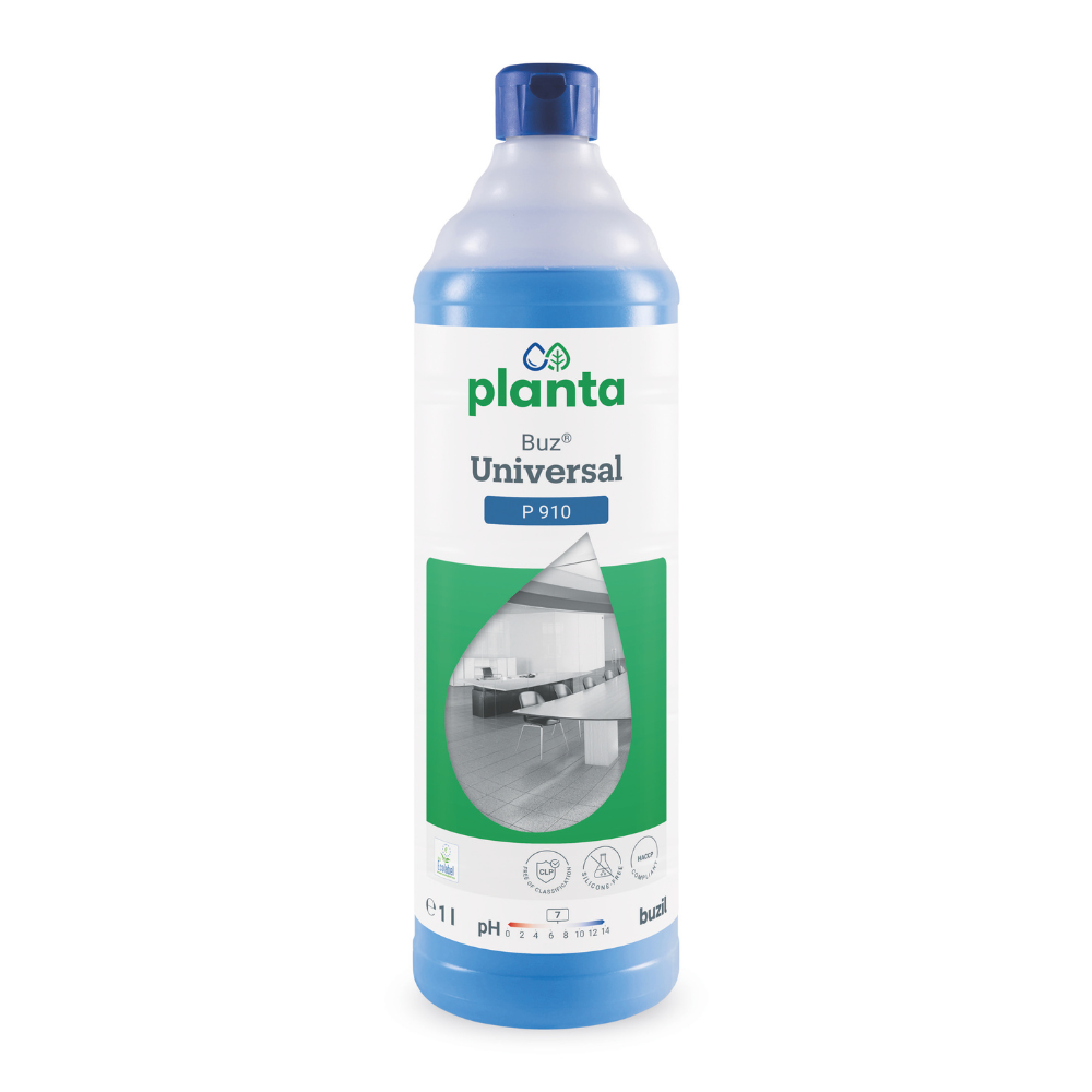 Een 1-liter fles Buzil Planta Buz® Universal P 910 Ecologische Universele Reiniger van BUZIL-WERK Wagner GmbH & Co. KG met blauwe dop en een etiket met productdetails zoals een pH-indicator, het EU-milieukeurmerk en een ruimtebeeld.
