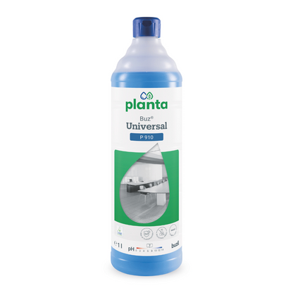 Een 1-liter fles Buzil Planta Buz® Universal P 910 Ecologische Universele Reiniger van BUZIL-WERK Wagner GmbH & Co. KG met blauwe dop en een etiket met productdetails zoals een pH-indicator, het EU-milieukeurmerk en een ruimtebeeld.