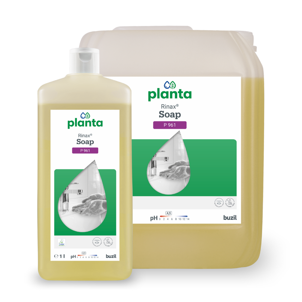 Uitgestald zijn een fles en een grote container met Buzil Rinax® Zeep P 961, met een gele vloeistof binnenin en hetzelfde groen-witte etiketontwerp. Deze milieuvriendelijke, huidvriendelijke formule benadrukt haar doel als ecologische handwaslotion van BUZIL-WERK Wagner GmbH & Co. KG.