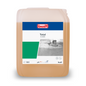 Een 10-liter container Buzil Total G 424 Sterkhoge alkalische basisreiniger van BUZIL-WERK Wagner GmbH & Co. KG, perfect voor commercieel gebruik. Deze beige, sterk alkalische vloeistof is op het etiket afgebeeld met de grafiek van een vloerreinigingsmachine en heeft een handige draaggreep aan de bovenkant voor eenvoudig dragen.