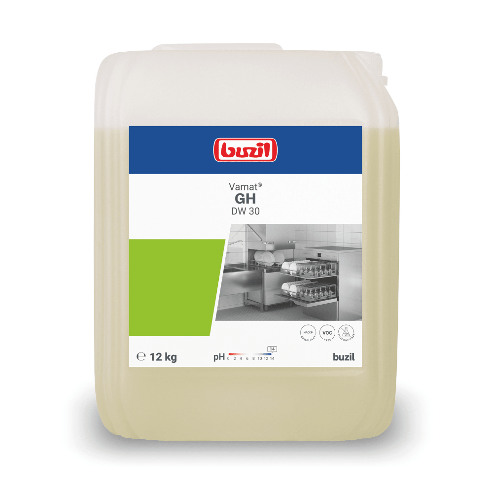 Op een witte 12-kg-container met het opschrift „Buzil Vamat® GH DW 30 Vloeibare vaatwasreiniger, sterk alkalisch“ van BUZIL-WERK Wagner GmbH & Co. KG is een etiket met een productafbeelding en symbolen voor pH-waarde en veiligheidsinstructies aangebracht.
