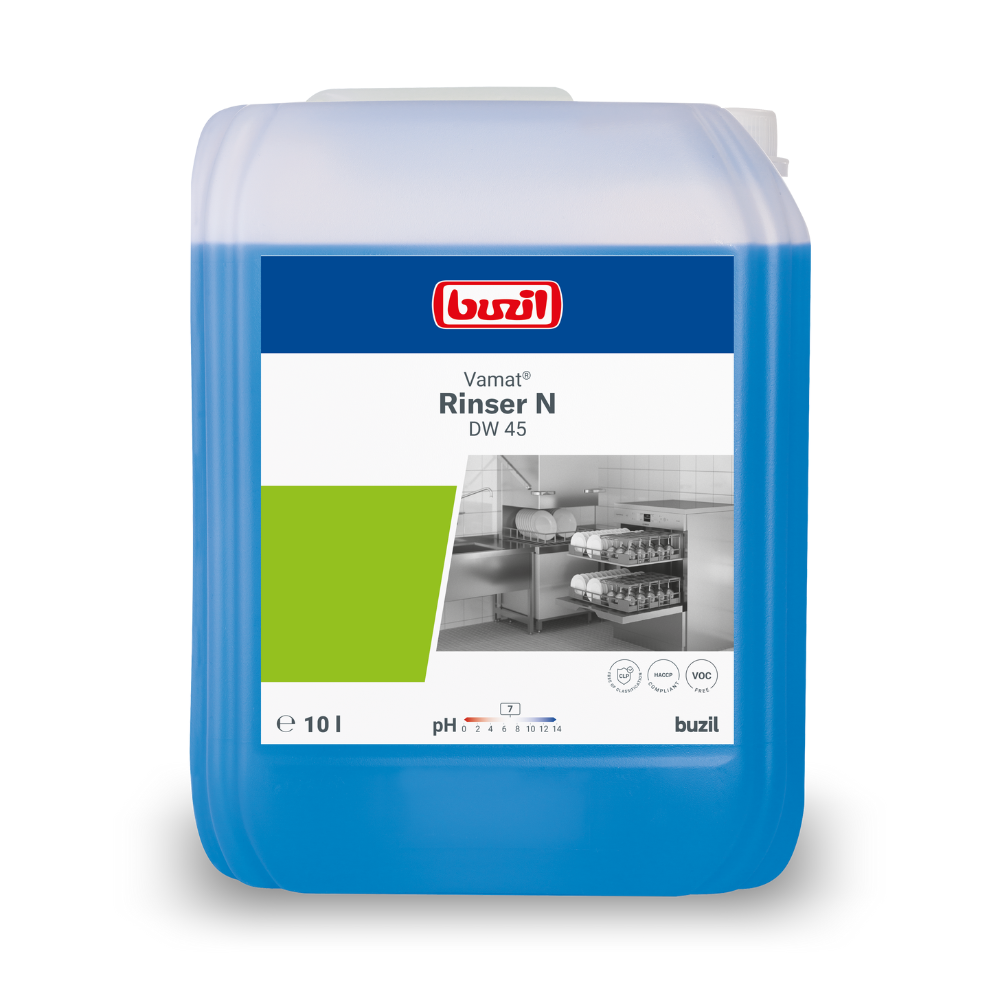 Ein 10-Liter-Kanister Buzil Vamat® Rinser N DW 45 Klarspüler, neutral, von BUZIL-WERK Wagner GmbH & Co. KG ist ein umweltfreundliches Geschirrspül-Glanzmittel. Der blaue Behälter mit weiß-grünem Etikett zeigt die Abbildung einer Großküche mit Geschirrspülmaschinen und eignet sich damit perfekt zum hochkonzentrierten Spülen in Spülmaschinen.