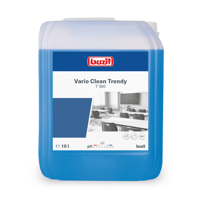 Een 10-liter-container Buzil Vario Clean Trendy T 560 Neutrale Zachte en Kunststofreiniger van BUZIL-WERK Wagner GmbH & Co. KG biedt een easy-to-clean-effect voor een soepele verzorging. Het etiket toont een schoolafbeelding evenals productdetails zoals pH-waarde en volume. De blauwe container met witte dop zorgt elke keer voor streepvrije glans.