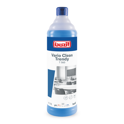 De Buzil Vario Clean Trendy T 560 Neutrale Zachte en Kunststofreiniger van BUZIL-WERK Wagner GmbH & Co. KG is verkrijgbaar in een blauw-witte fles, waarop een zwart-wit afbeelding van een onberispelijk klaslokaal met tafels en een bord is afgebeeld. Deze een-liter-reiniger zorgt voor streepvrije glans, en de pH-vermelding op de voorkant zorgt voor een gemakkelijk te reinigen effect.