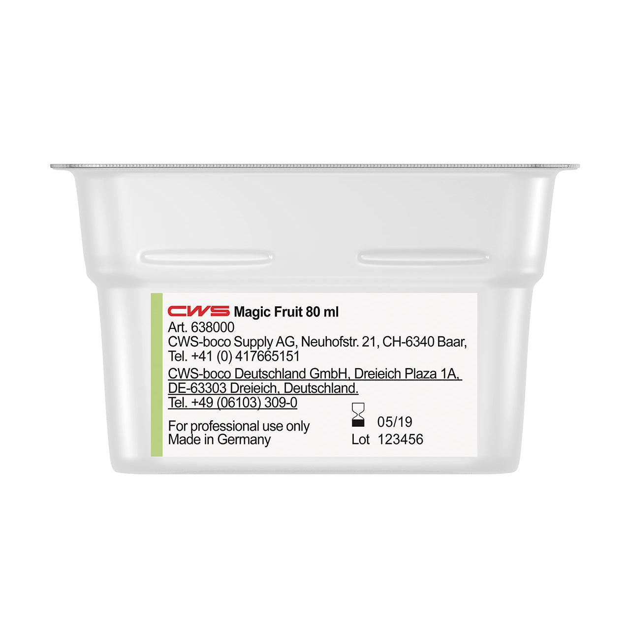 Ein kleiner, rechteckiger Kunststoffbehälter mit der Aufschrift "CWS ParadiseLine Waschraumduft für Duftspender Paradise Air Bar" von CWS, mit Kontaktdaten, Herstellerangaben und Anwendungshinweisen auf einem weißen Seitenetikett.