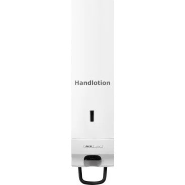 Het CWS-voorpaneel voor schuimzeepdispenser Foam Slim is een wit wandpaneel met de opdruk "Handlotion", dat zich kenmerkt door een elegant ontwerp met een klein venster en een zwarte hendel aan de onderkant voor het uitnemen.