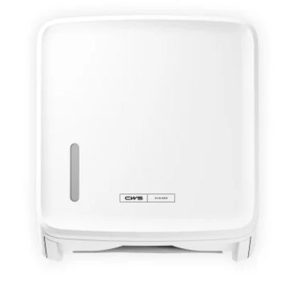 De CWS PureLine Paper Faltpapierspender (1 stuk) van CWS is een witte, aan de muur gemonteerde dispenser met rechthoekig ontwerp, klein verticaal raam aan de linkerkant en CWS-logo aan de voorkant voor hygiënische papieropslag.