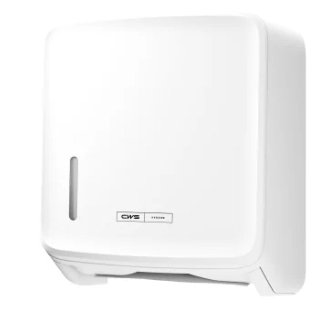 De CWS PureLine Paper Faltpapierspender | Verpakking (1 stuk) van CWS is een witte, aan de muur gemonteerde dispenser met voorraam en bodensleuf, die een hygiënische opslag en een modern uiterlijk garandeert.