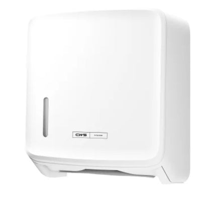 De CWS PureLine Paper Faltpapierspender | Verpakking (1 stuk) van CWS is een witte, aan de muur gemonteerde dispenser met voorraam en bodensleuf, die een hygiënische opslag en een modern uiterlijk garandeert.