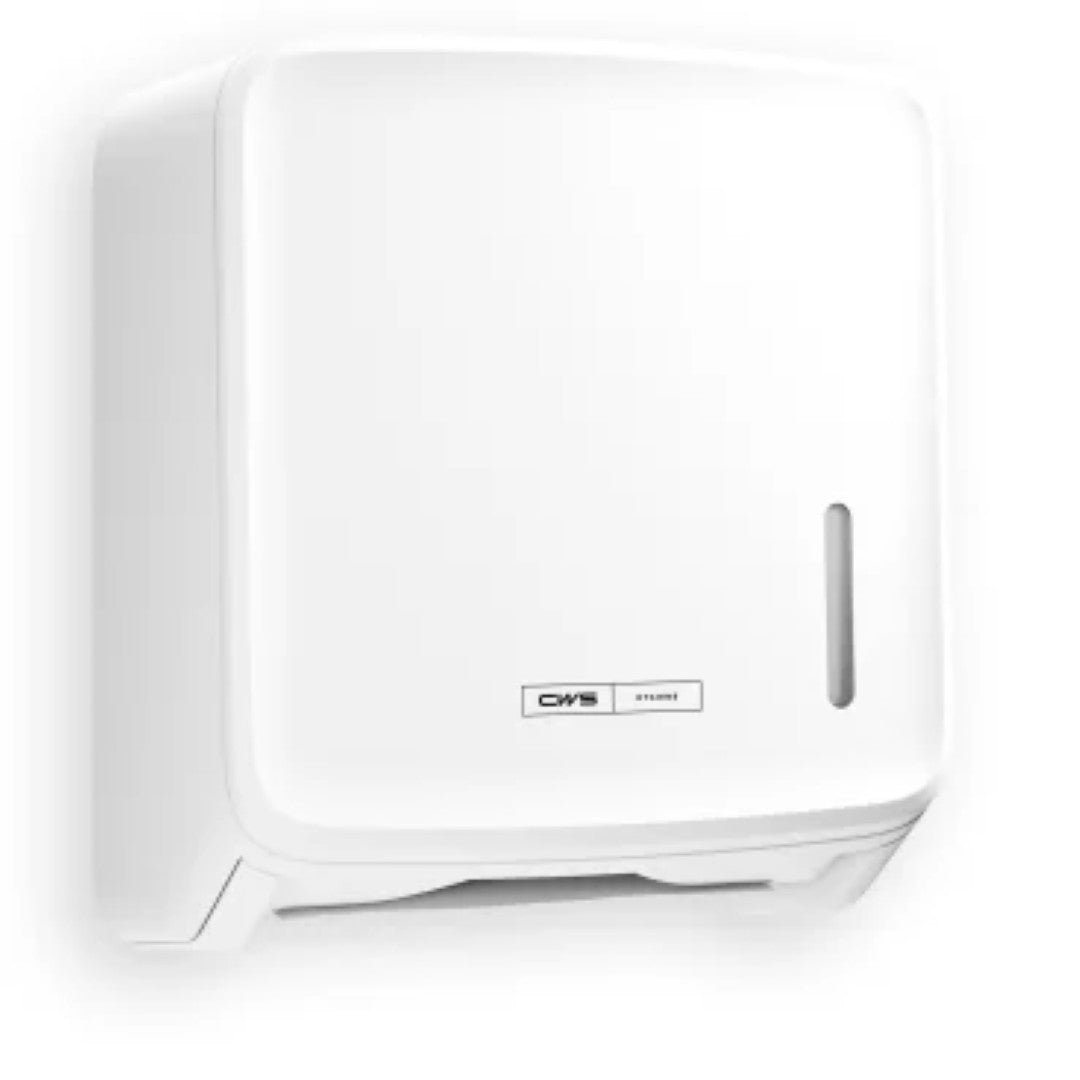 De CWS PureLine Paper Faltpapierspender | Verpakking (1 stuk) van CWS is een witte, aan de muur gemonteerde dispenser met een verticaal zichtvenster voor voorraadcontrole en een merklabel, ideaal voor hygiënische opslag, afgebeeld op een eenvoudige witte achtergrond.