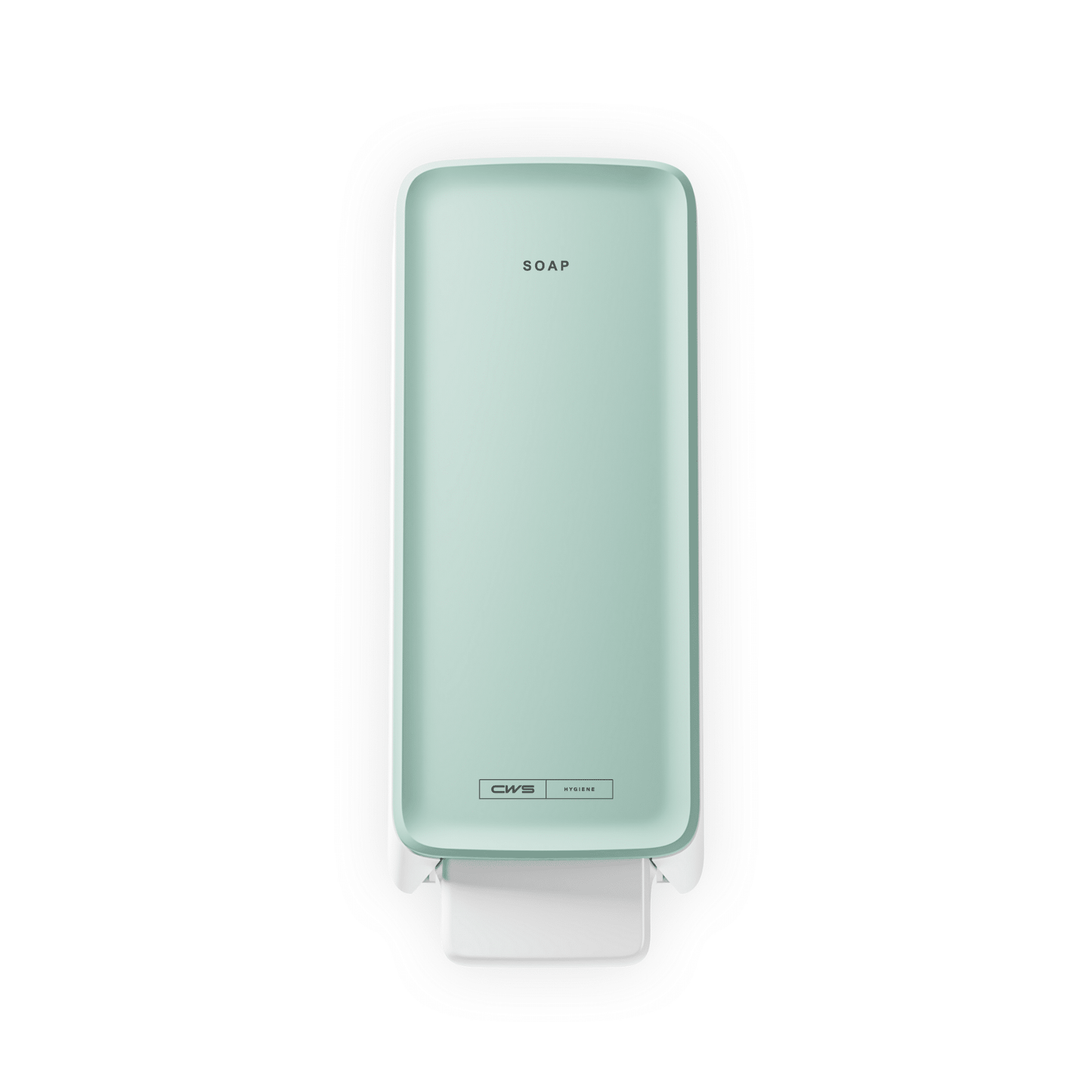 Een mintgroene CWS PureLine Cream zeepdispenser van CWS met de tekst "SOAP" boven en een witte drukhendel, van bovenaf weergegeven op een witte achtergrond - ideaal voor elke wasruimte.