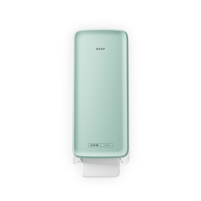 Een mintgroene CWS PureLine Cream zeepdispenser van CWS met de tekst "SOAP" boven en een witte drukhendel, van bovenaf weergegeven op een witte achtergrond - ideaal voor elke wasruimte.