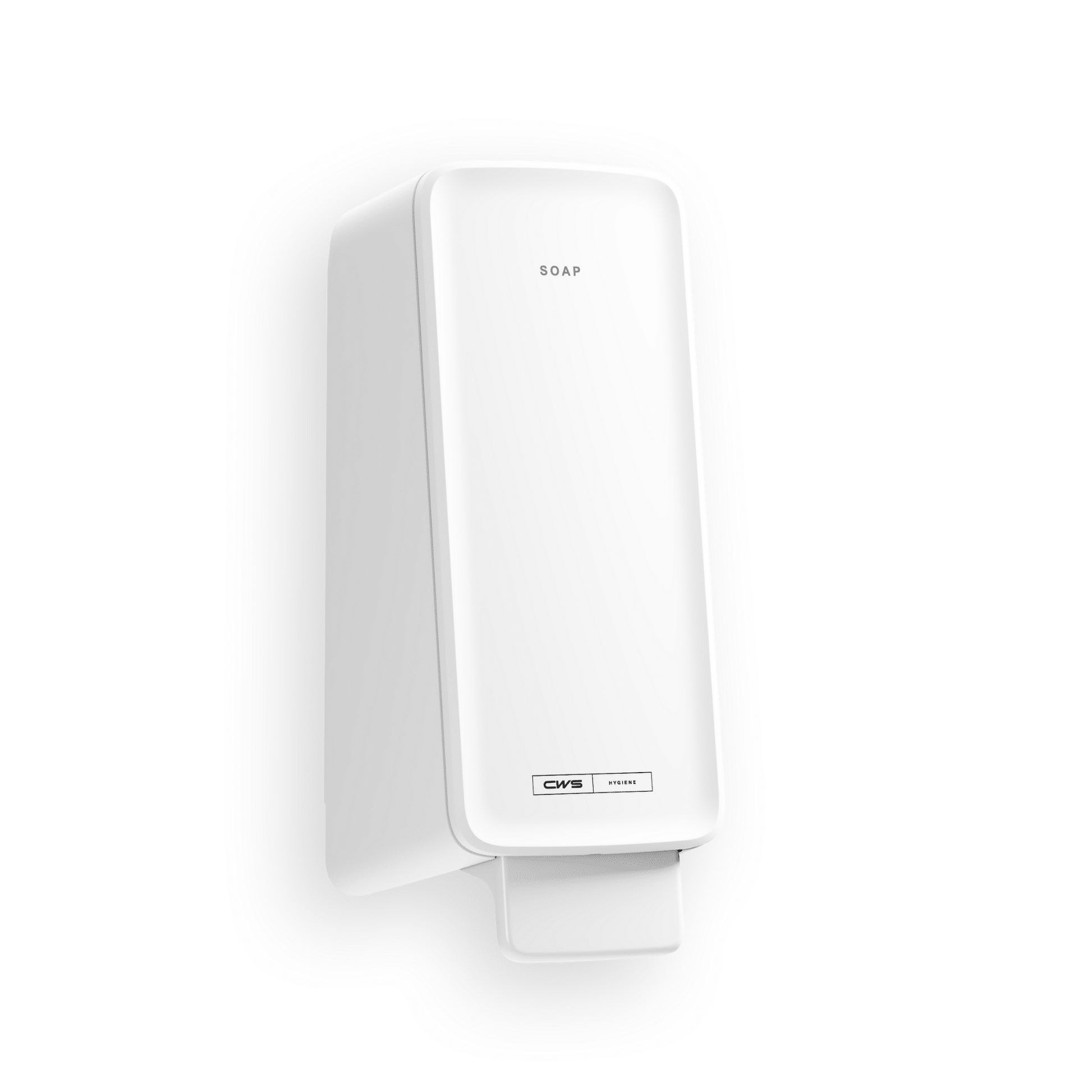 Der CWS PureLine Cream Seifenspender von CWS ist ein weißer, rechteckiger Wandseifenspender mit dem Schriftzug SOAP" oben und einem Druckhebel unten, ideal für jeden Waschraum und vor einem schlichten weißen Hintergrund.