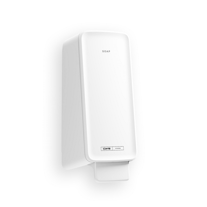 De CWS PureLine Cream zeepdispenser van CWS is een witte, rechthoekige wandzeepdispenser met de tekst "SOAP" bovenop en een drukhendel onder, ideaal voor elke wasruimte en tegen een eenvoudige witte achtergrond.