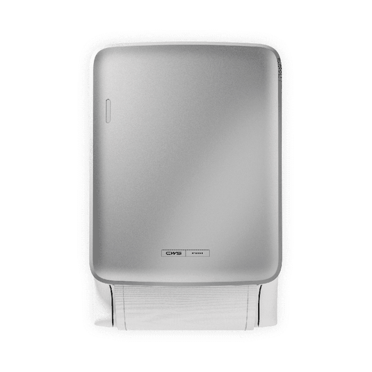 De CWS PureLine Dry van CWS is een zilverkleurige, aan de muur bevestigde dispenser met een klein logo ter hoogte van de voet. De dispenser geeft losse vellen witte papieren handdoekjes af en bevordert de hygiëne dankzij het strakke, duurzame ontwerp tegen een sobere achtergrond.