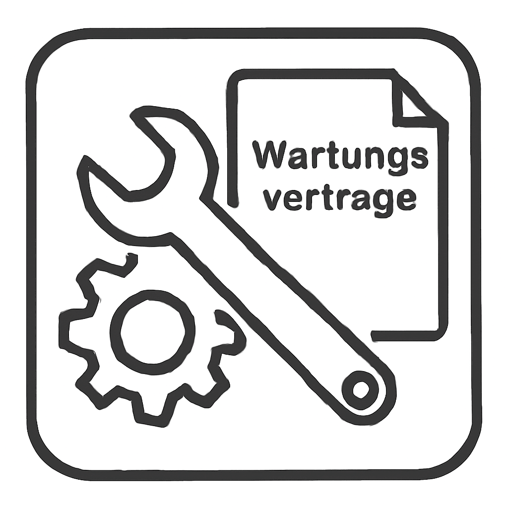 Een zwart-wit symbool met een moersleutel, een tandwiel en een document met de tekst "Onderhoudscontracten" symboliseert het TASKI Ultimaxx 2900 Full Service Gel Onderhoudscontract van Diversey Deutschland, dat reparaties, reserveonderdelen en gel-batterijen omvat (1 stuk).