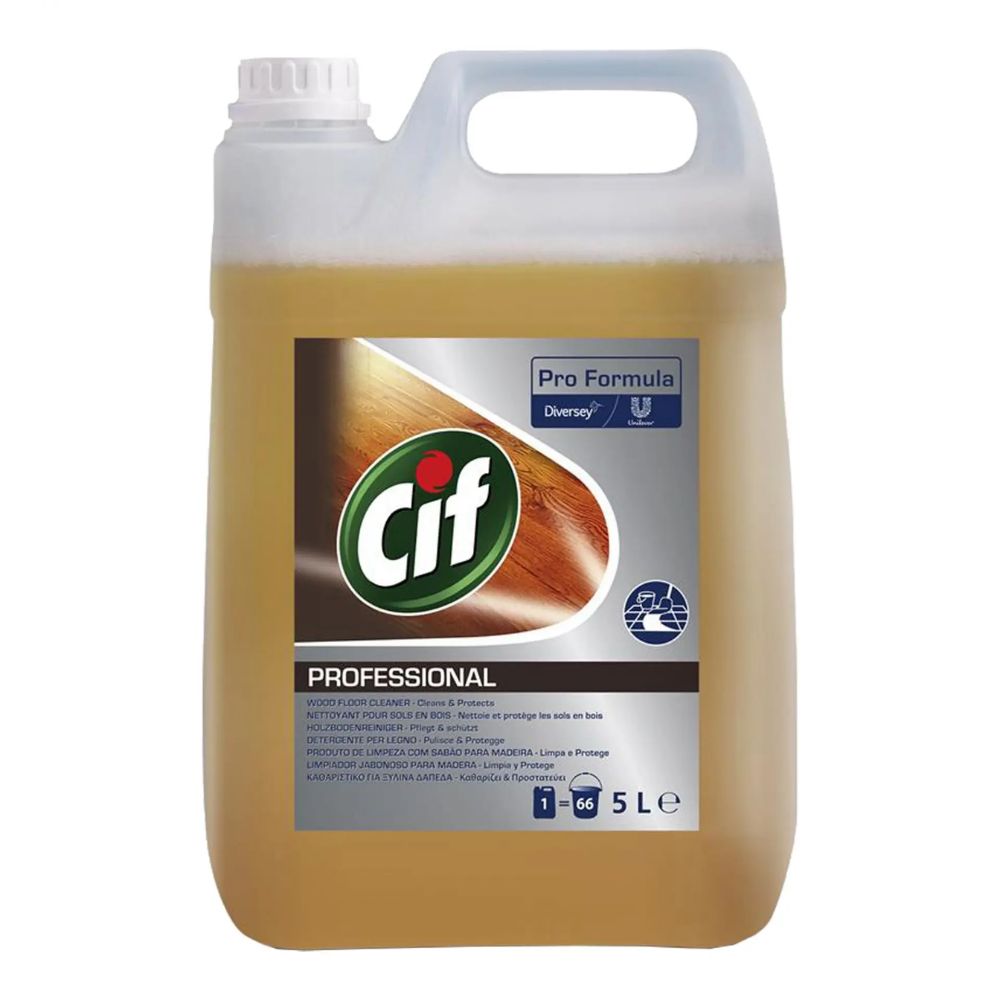 Ein 5-Liter-Behälter Cif Professional Holzbodenreiniger von Diversey Deutschland GmbH & Co. OHG, speziell für Holz- und Laminatböden konzipiert. Die halbtransparente Verpackung mit weißem Griff und Verschluss zeigt ein Holzoberflächendesign sowie das Cif-Logo und betont so den Einsatz in der professionellen Reinigung als Teil der Pro Formula-Serie.