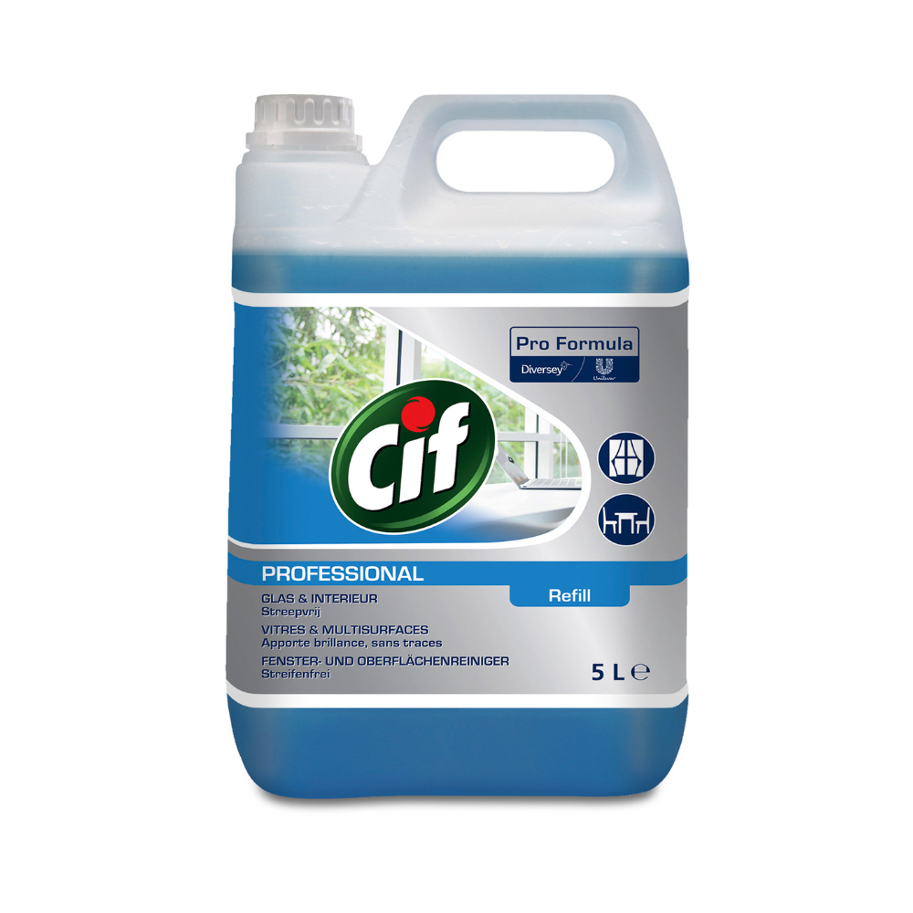 Een 5-liter Cif Professional Glas- en Universeelreiniger van Diversey Deutschland GmbH & Co. OHG met handvat en schroefdop; blauw-wit etiket toont raamsymbolen, Pro Formula-branding en belooft streeploze reinheid voor navulbare spuitflessen.