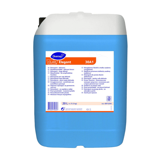 De blauw-witte jerrycan met het opschrift „Clax Elegant 30A1“ van Diversey Deutschland GmbH & Co. OHG is een enzymatisch vloeibaar wasmiddel voor professionele wasserijen, dat geschikt is voor delicate textielsoorten. Op de onderzijde van de jerrycan van 20 liter staan uitgebreide productinformatie, gebruiksaanwijzingen en een barcode.