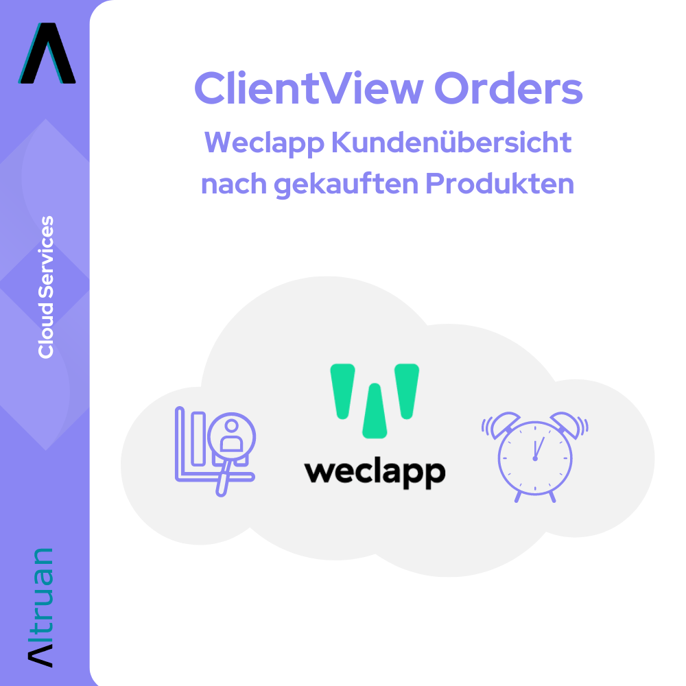 Illustratie voor 'Altruan Klantenoverzicht na gekochte producten' in de kleuren blauw en paars met de symbolen van een computer, het weclapp-logo en een klok, met tweetalige tekst in Engels en Duits.