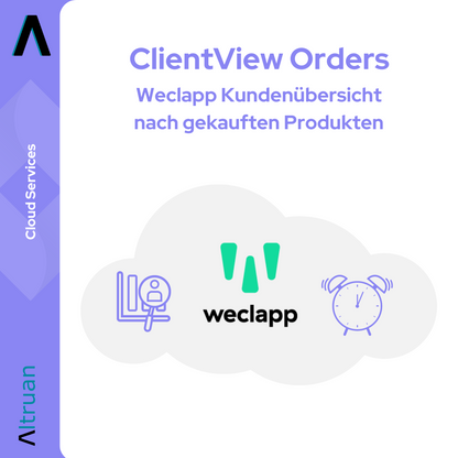 Illustratie voor 'Altruan Klantenoverzicht na gekochte producten' in de kleuren blauw en paars met de symbolen van een computer, het weclapp-logo en een klok, met tweetalige tekst in Engels en Duits.