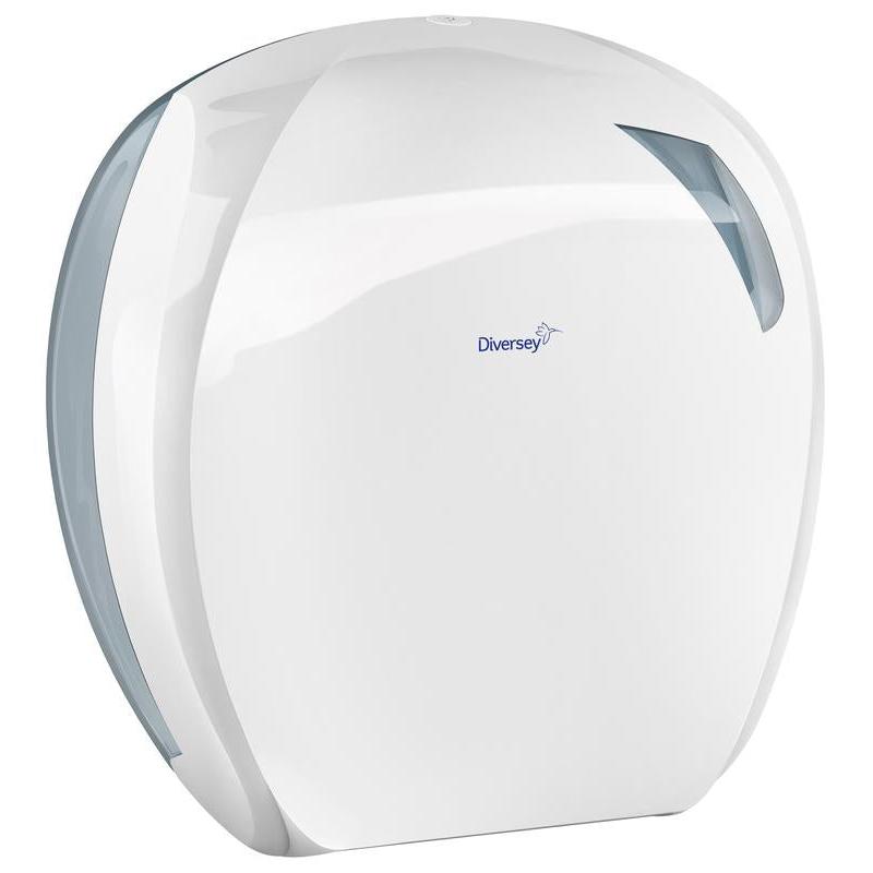 De toiletpapier-jumborollenhouder Maxi van Diversey Deutschland (wit/transparant, kunststof, 355x348x136 mm) is een moderne wanddispenser voor jumbo-toiletpapierrollen Maxi - praktisch en met kijkvenster, ideaal voor elk toilet.