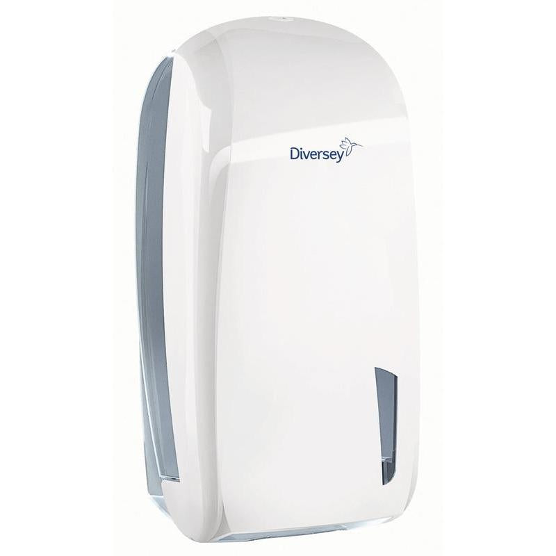 De Diversey enkele vel toiletpapierhouder van wit/transparant kunststof (328 x 165 x 135 mm) voor enkele vellen heeft een kijkvenster en zorgt hygiënisch voor toiletpapier in openbare sanitaire ruimtes. Geschikt voor papier 7523655.
