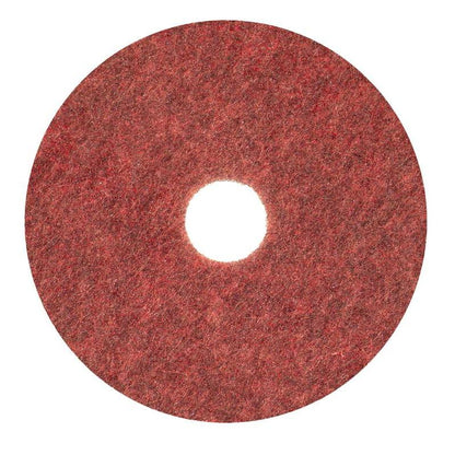 Ein rotes, rundes Diversey Twister Pad TXP Scheuerpad für Steinböden von Diversey Deutschland GmbH & Co. OHG verfügt über eine strukturierte Oberfläche und ein zentrales Loch, das von oben auf einem weißen Hintergrund für eine effiziente Reinigung und Pflege von Steinböden gezeigt wird.