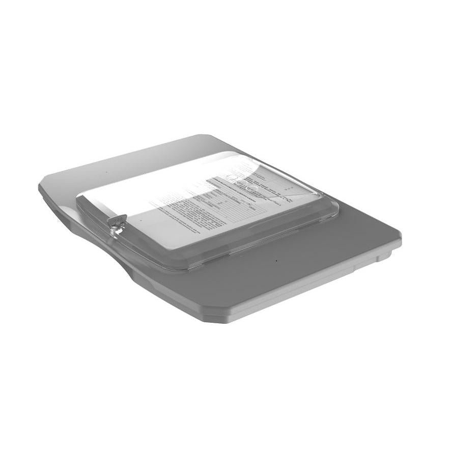 Een flatbedscanner met een licht geopend deksel en een document op het glas - ideaal voor digitaliseringshandleidingen, zoals bijvoorbeeld voor de Di Protect deksel met iPad-houder 1 stuk van Diversey Deutschland GmbH & Co. OHG.