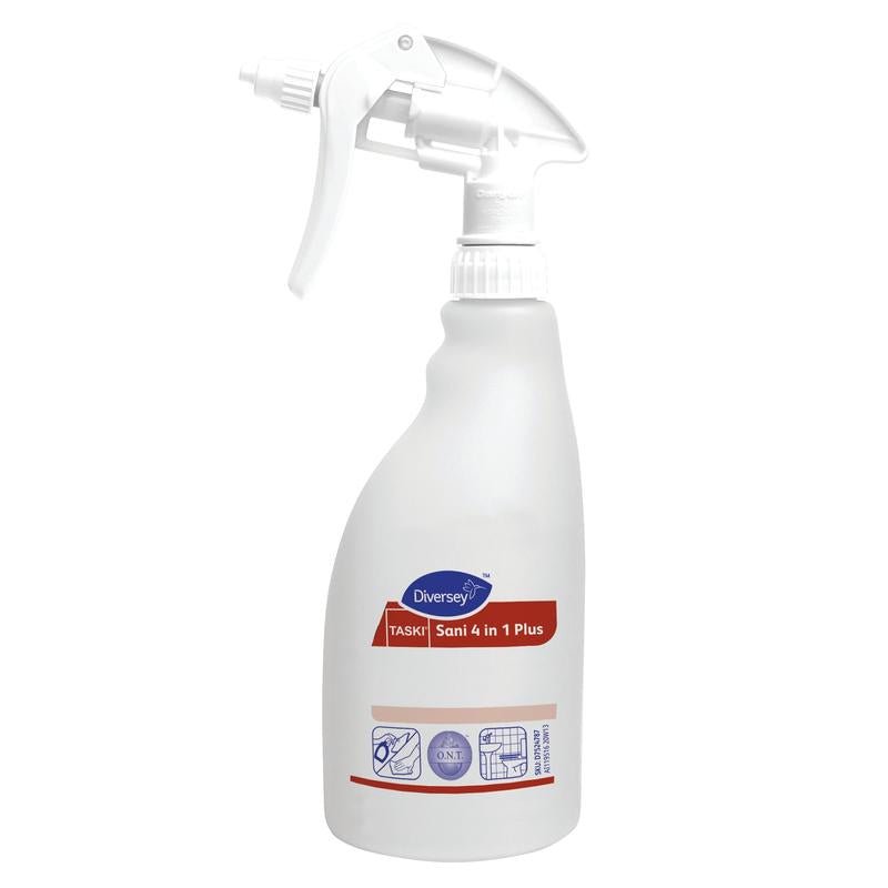 De witte 500 ml triggerspray-fles "Sani 4 in 1 Plus" van Diversey Deutschland GmbH & Co. OHG met schuimverstuiver, blauw en rood design, symbolen voor reiniging en desinfectie en is verkrijgbaar als navulfles (1 stuk).