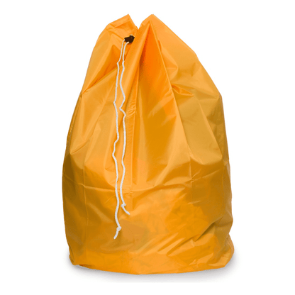 De DEISS afvalzak met PP-koord en bodemlus, een 120 liter bevattende trekkoordtas van EMIL DEISS KG (GmbH + Co.), staat rechtop voor een witte achtergrond. Hij is gemaakt van gekreukt polyesterweefsel en de opening is afgesloten met een stevig wit koord.