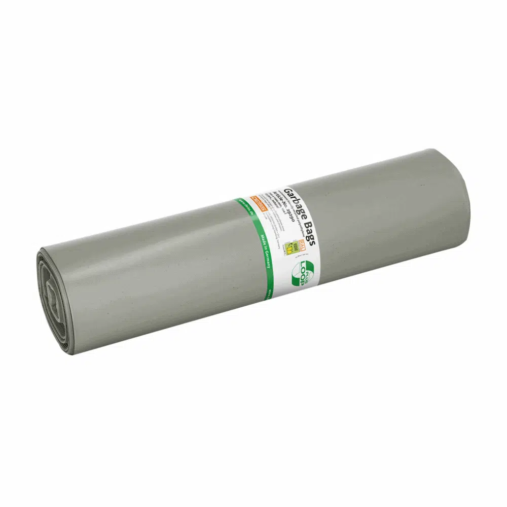 De DEISS LOOP PLUS afvalzakken 29290, een grijs kunststof zeil met een inhoud van 120 liter van het merk EMIL DEISS KG (GmbH + Co.), zijn voorzien van teksten en symbolen in opvallende groene en zwarte markeringen. Het cilindrische zeil is gemaakt van gerecycled materiaal en voldoet aan de principes van de circulaire economie, waardoor het veelzijdig inzetbaar is.