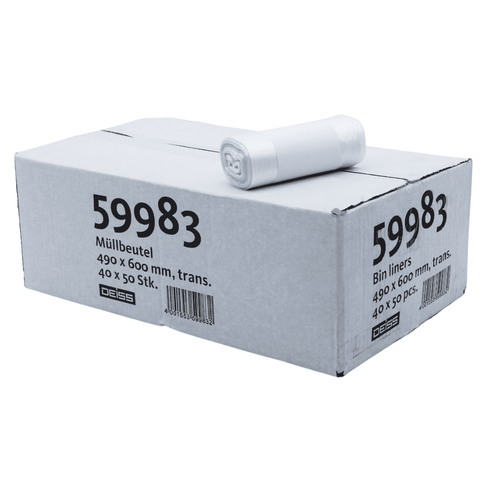 Een karton van het bedrijf EMIL DEISS KG (GmbH + Co.) is gemarkeerd met de productcode „59983“ en bevat DEISS vuilniszakken van HDPE met een inhoud van 30 liter en de afmetingen 490 x 600 mm, die verpakt zijn in verpakkingen van 40 rollen met elk 50 stuks en voorzien van een streepjescode. Bovenop de doos ligt een rol witte vuilniszakken.